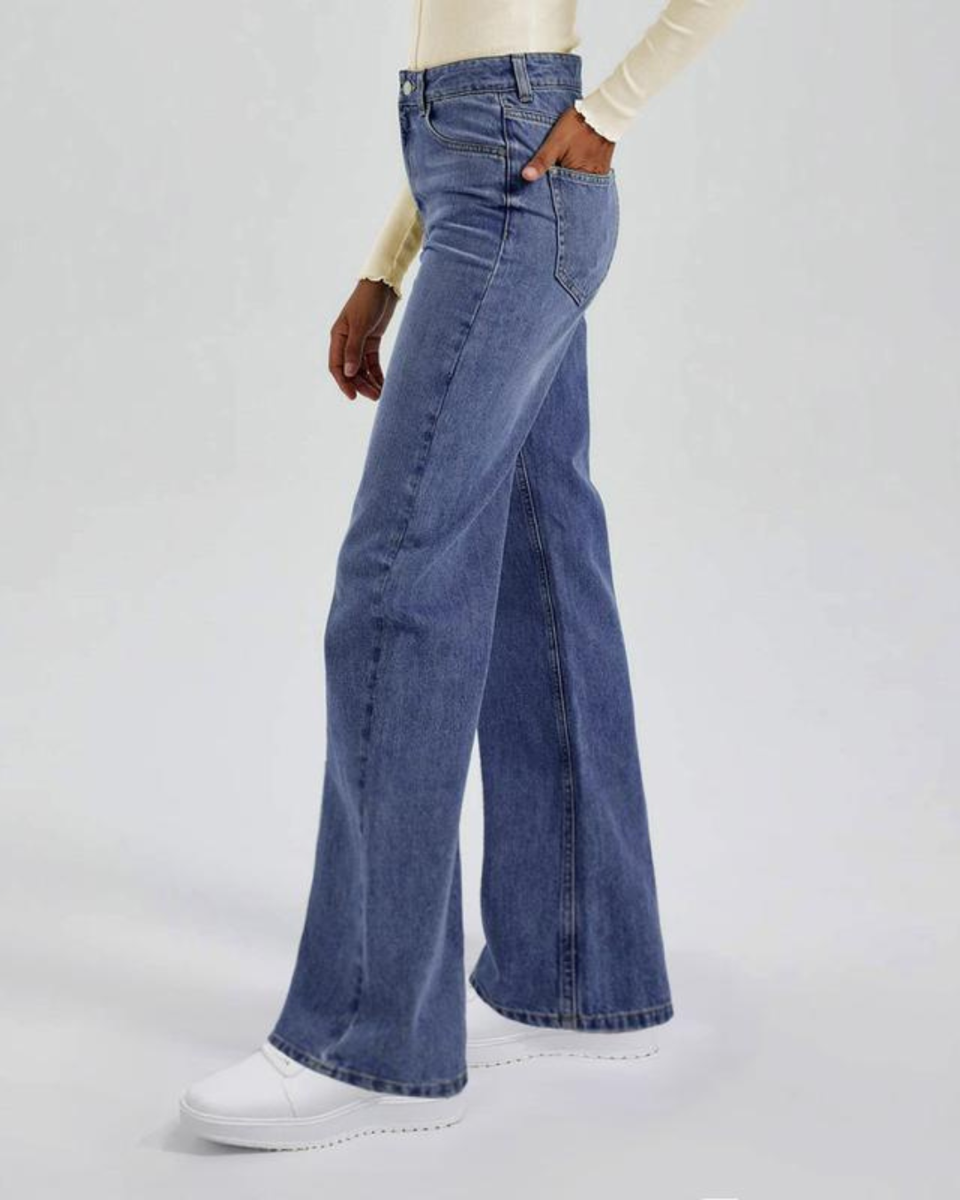 Blugi Pentru Femei cu Talie înaltă, Picioare Largi și Buzunare Multiple