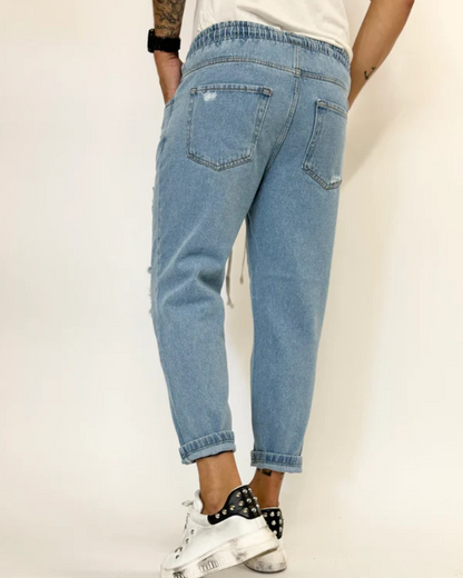 Blugi Cropped cu Șireturi și Tăieturi