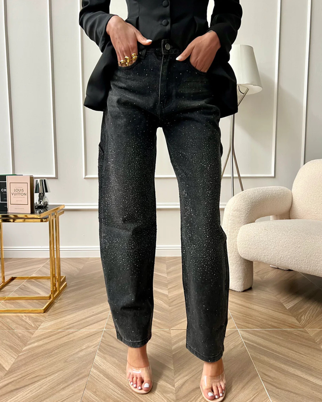 Blugi Largi cu Detalii de Diamante și Stil Cargo